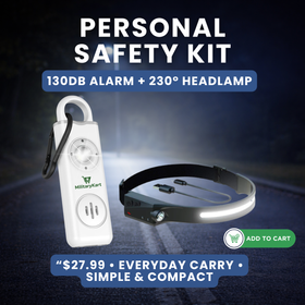Personal Safety Kit Pro – 130dB Alarm + 230° USB-C Headlamp (Motion Sensor, IPX4) + Tactical Pen