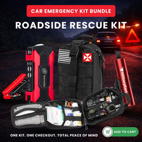 Car Emergency Kit Bundle – 1200A Portable Jump Starter + 256pc IFAK MOLLE First Aid Kit + Window Breaker & Seat Belt Cutter