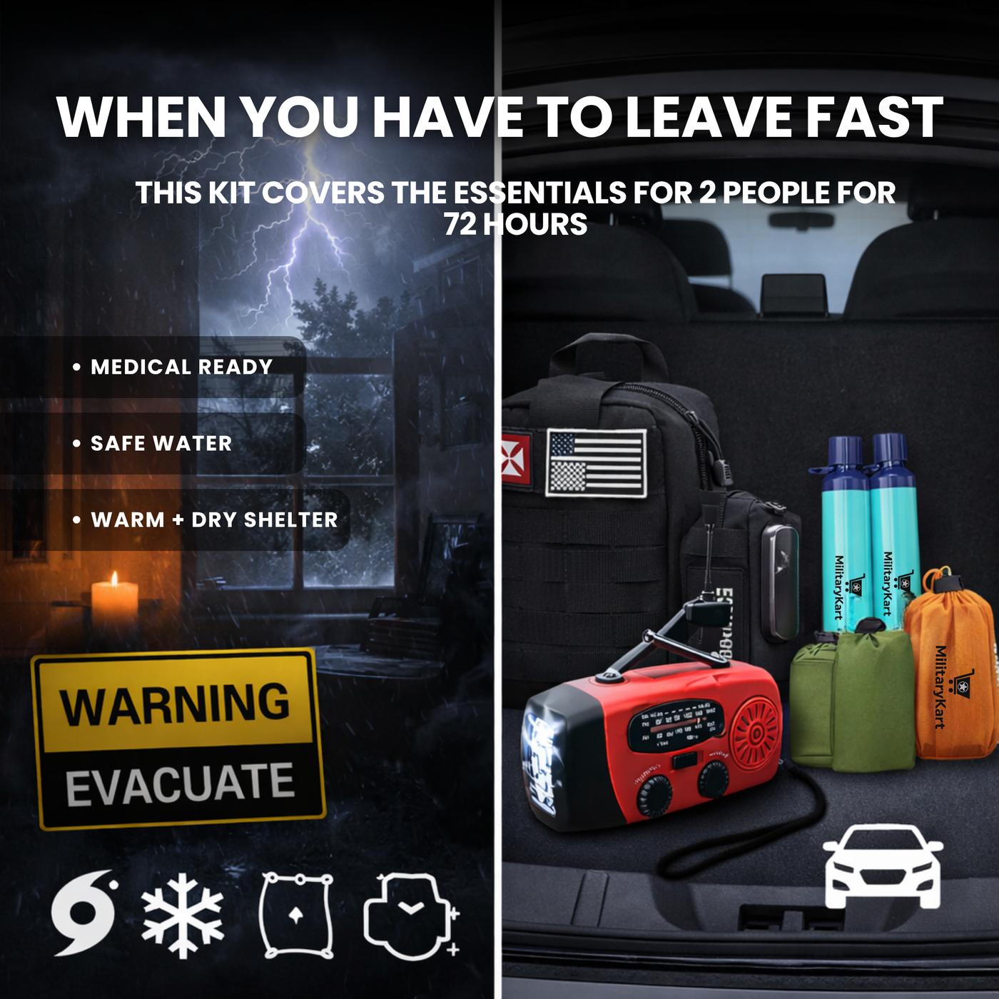 72-hour emergency evacuation survival kit stored in a vehicle ...