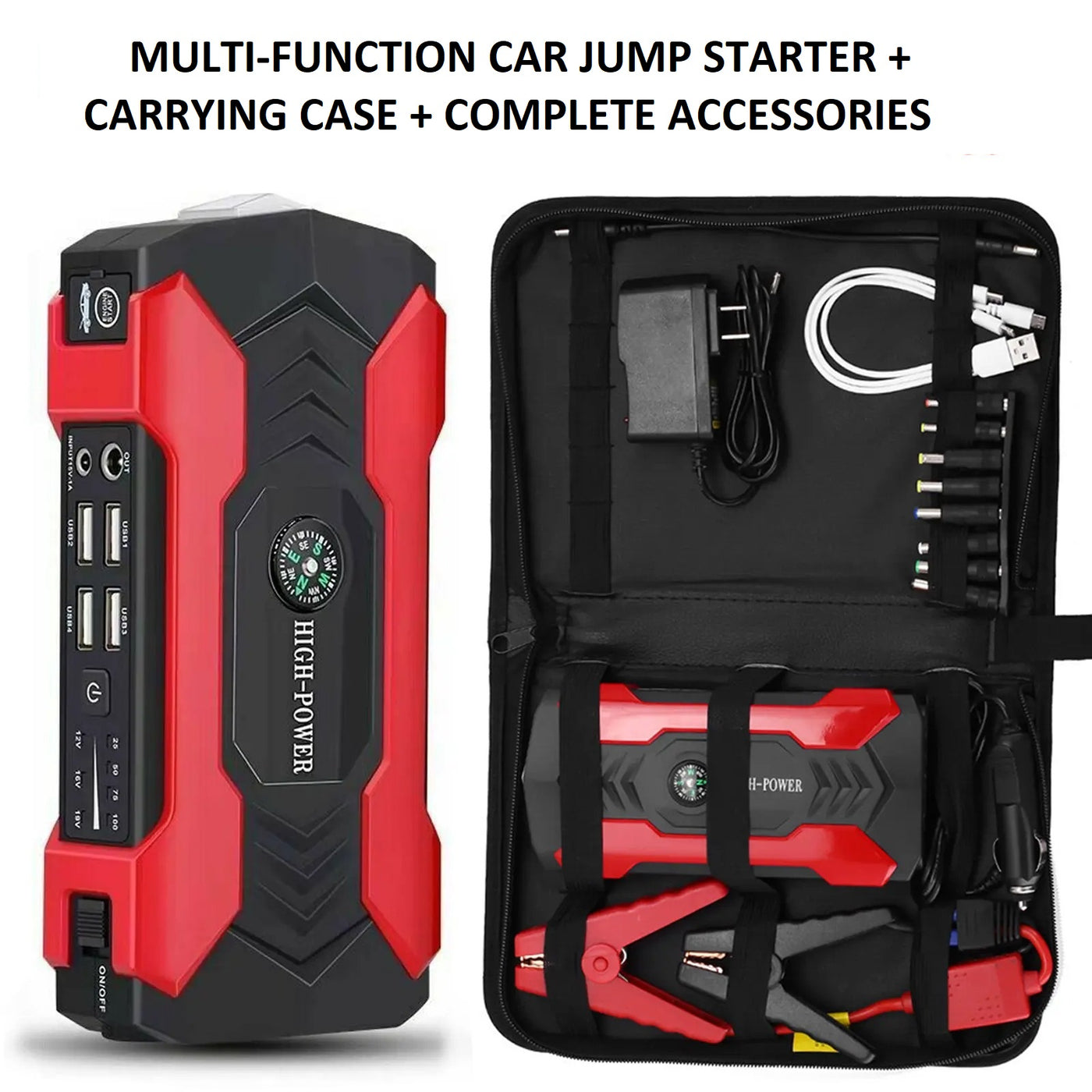 Portable Car Battery Jump Starter with Power Bank and Emergency Flashlight