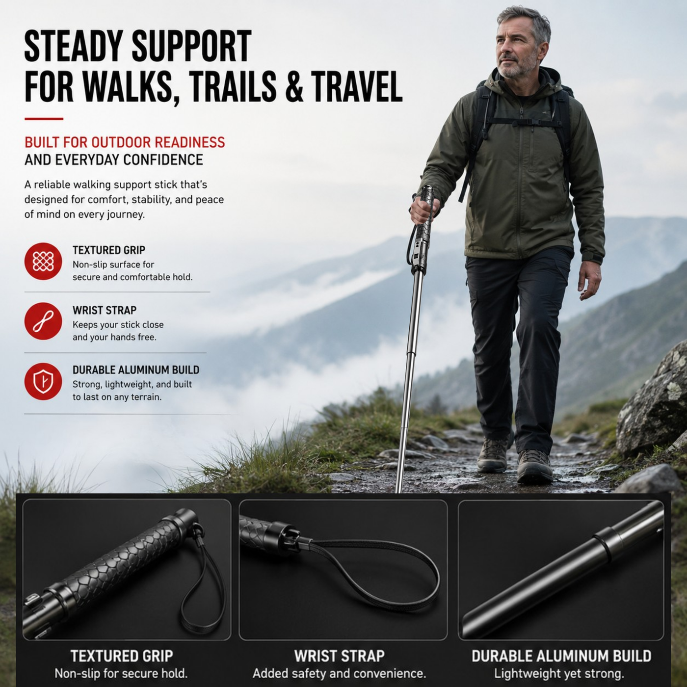 Outdoor lifestyle image featuring a man hiking on a mountain trail ...