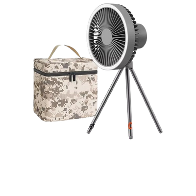 Portable Rechargeable Camping Fan with Light & Tripod – Foldable Outdoor Desk Fan