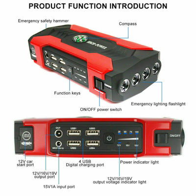 Portable Car Battery Jump Starter with Power Bank and Emergency Flashlight