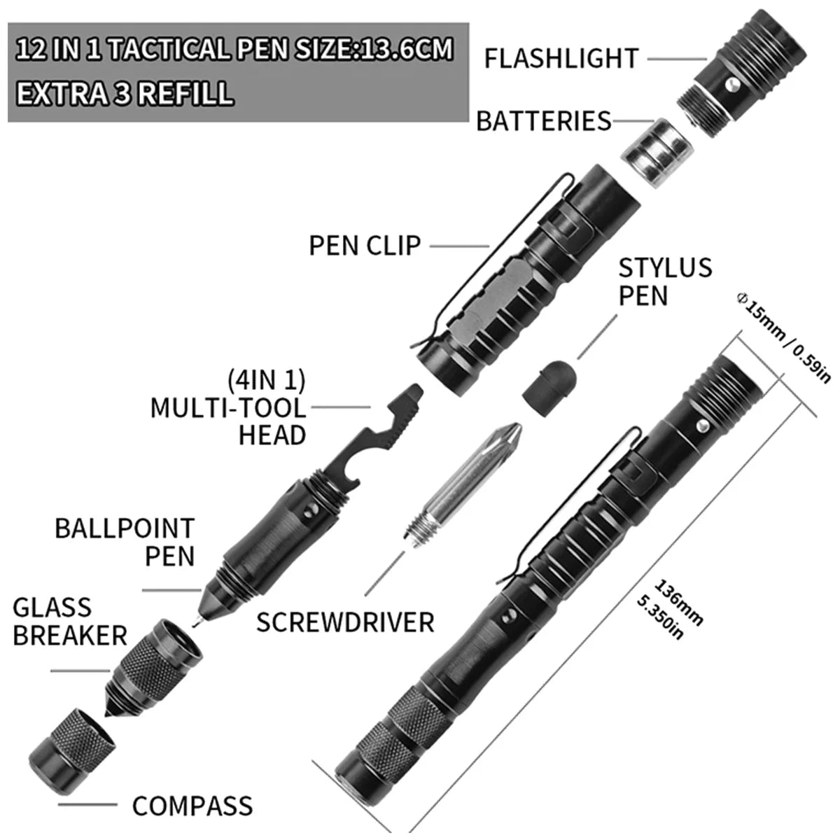 MilitaryKart Stealth Talon - The Most Loaded 12 in 1 Tactical Pen with Flashlight and Glass Breaker