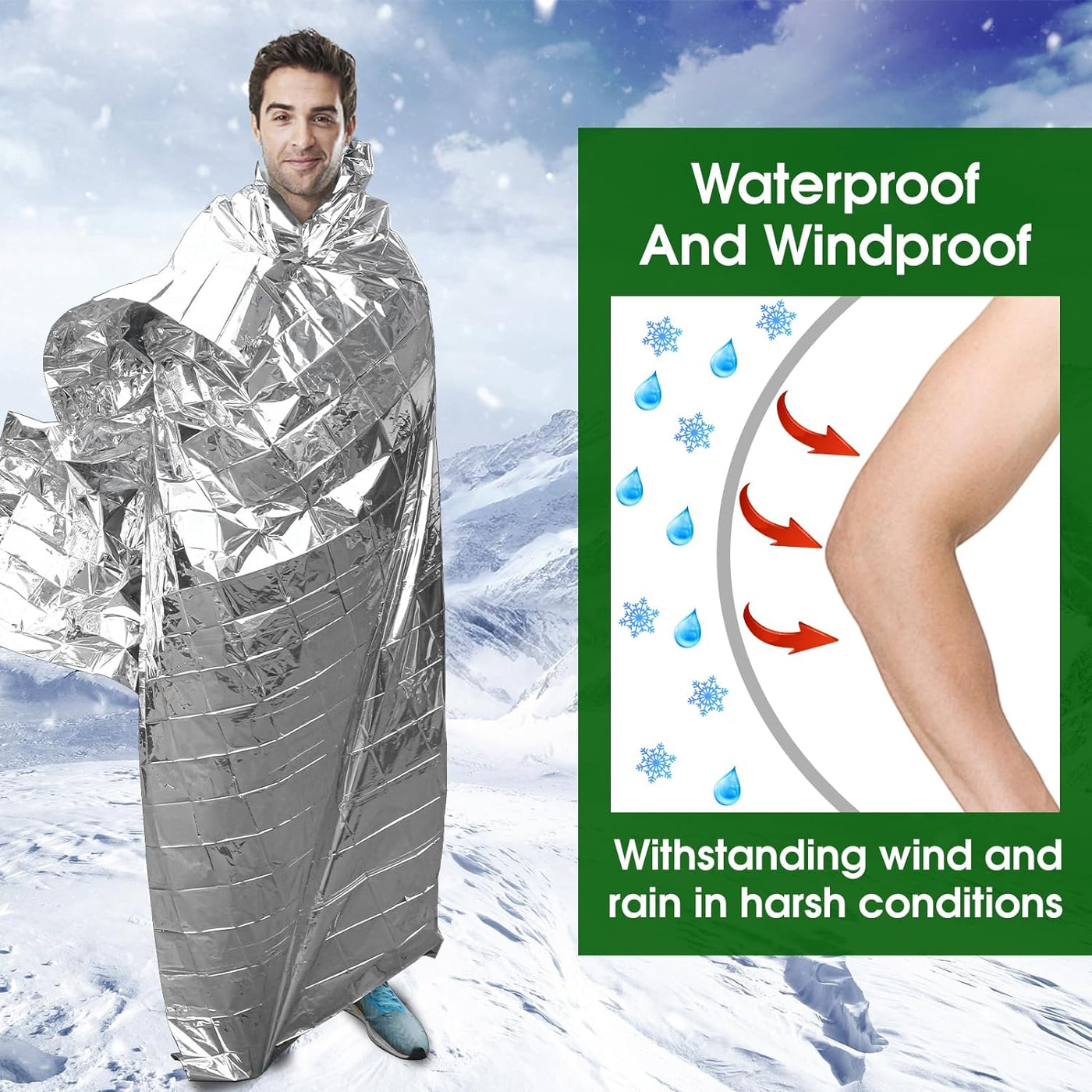 Person wrapped in a waterproof and windproof Mylar emergency survival ...