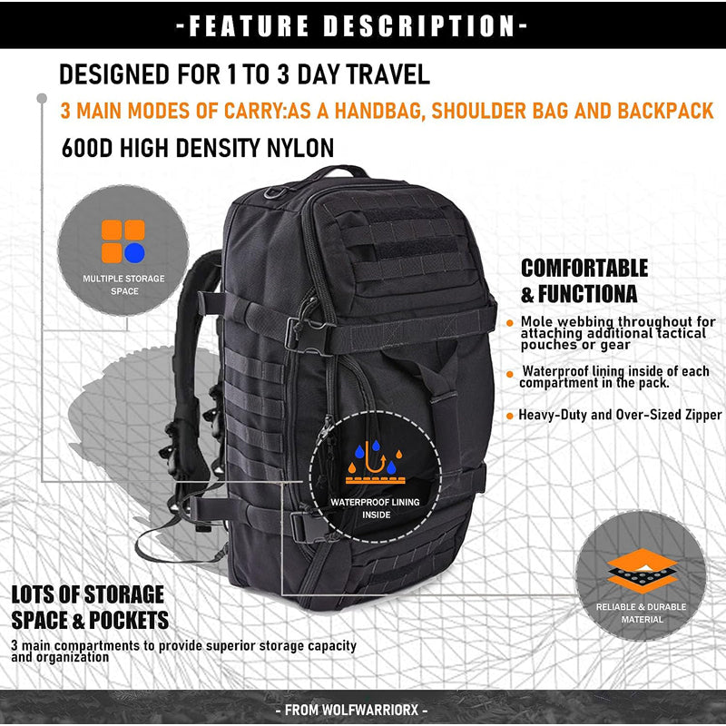 3 in 1 Military Duffel Bag - Tactical Travel Outdoor Rucksack Waterproof Backpack