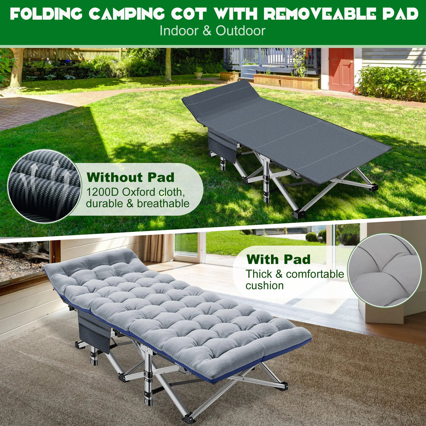 Camping Cot - Portable Folding Outdoor Bed for Adults and Kids