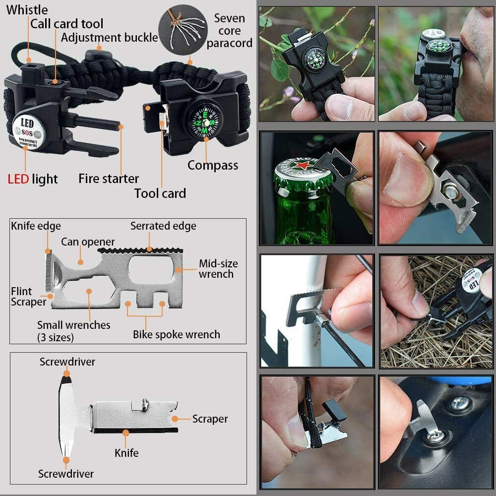 Lixada 9'' Survival Paracord Emergency Bracelet Rope with Flint Fire  Starter Scraper Whistle Gear Kit Outdoor
